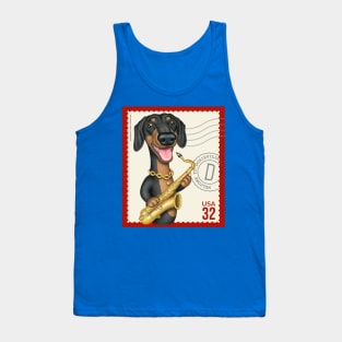 Funny Doxie playing Sax on vintage postage stamp Tank Top